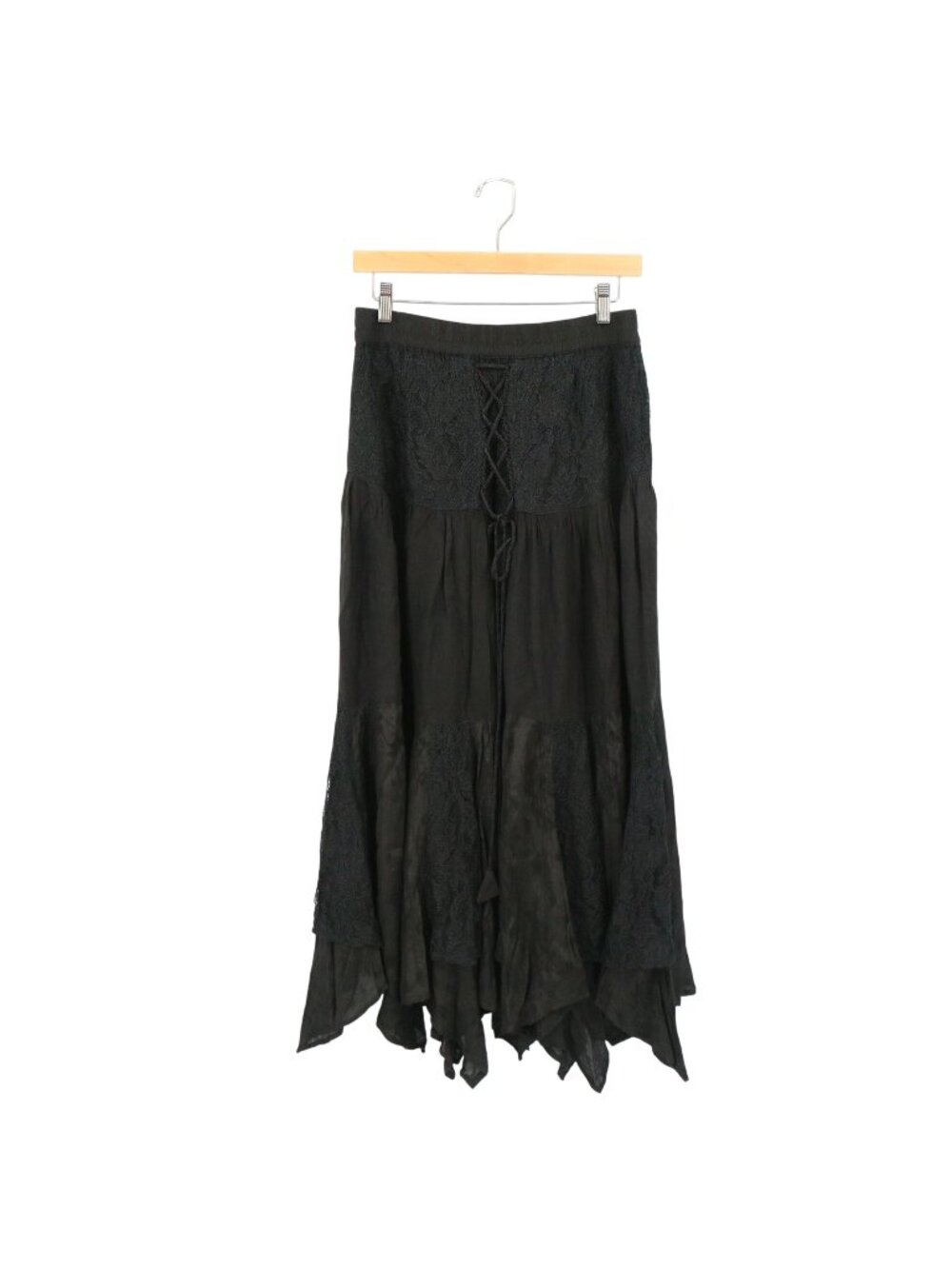 Papillon Floral Lace Jacquard Asymmetrical Long Black Mixed Media Maxi Skirt M